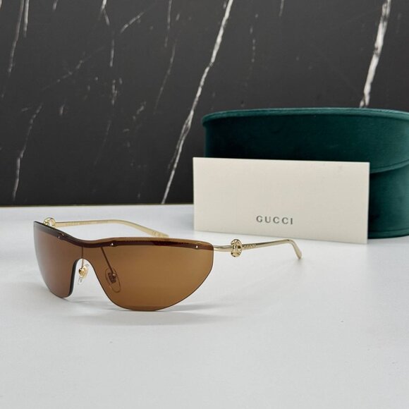 NEW GUCCI WOMEN SHIELD GG1700S 004 SUNGLASSES GOLD BROWN GUCCI EYEWEAR - Picture 1 of 10